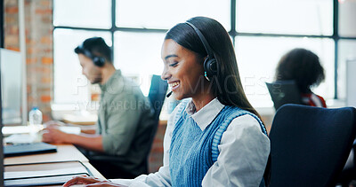 Buy stock photo Business, woman and typing with headset at call centre for customer service, questions and information. Female advisor, consultant and online assistance for crm advice, faq and helping with procedure