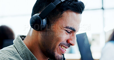 Buy stock photo Contact us, headset and smile of man in call center for assistance, communication or help. Business, consulting and customer service with happy employee in agency workplace for virtual support
