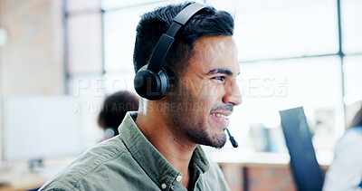 Buy stock photo Contact us, feedback and smile of man in call center for assistance, communication or help. Business, customer service and headset with happy employee in agency workplace for virtual support