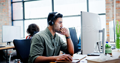Buy stock photo Computer, music and thinking with business man at desk in office for planning or problem solving. Headphones, solution and troubleshooting with employee in workplace to search internet for ideas