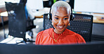 Business, woman and headset with computer at call centre for customer service, contact us and advisor. African person, consultant and online assistance of crm advice, guide and helping with procedure