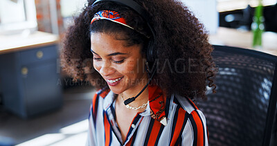Buy stock photo Contact us, headset and smile of woman in call center for assistance, communication or help. Business, customer service and feedback with happy employee in agency workplace for virtual support