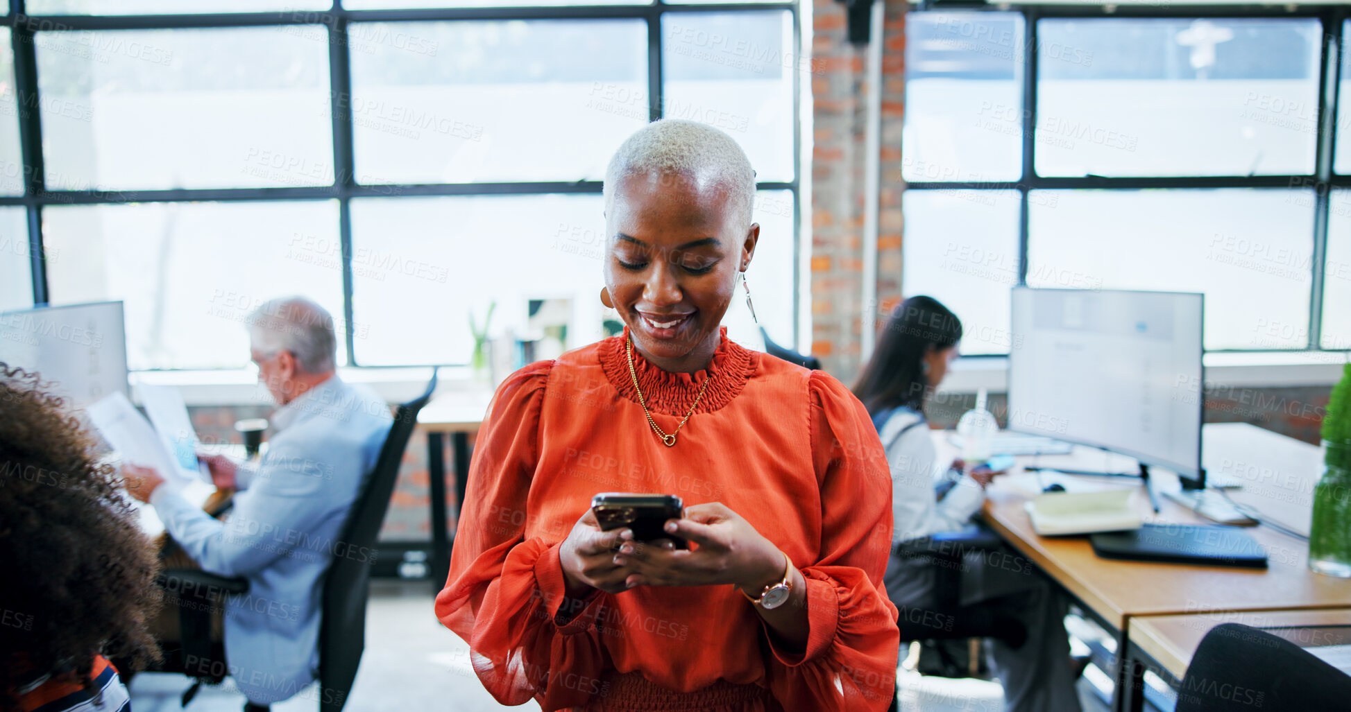 Buy stock photo Office, businesswoman and scroll with smartphone for notification, news and contact in digital agency. Coworking, female person and consultant with smile for tech, blog application and social media