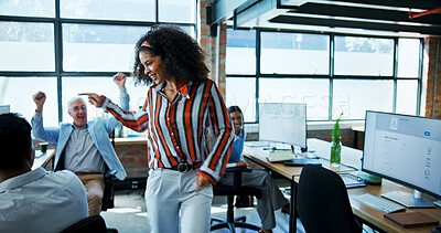 Buy stock photo Dancing, employee and woman with colleagues, office and celebration for success in marketing agency. Business, people and happiness for promotion in company, employees and excited for achievement