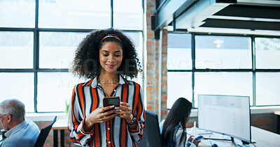 Buy stock photo Creative agency, businesswoman and smile with smartphone for notification, online news or contact in office. Coworking, female person or journalist with chat on tech, blog application or social media