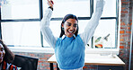 Dancing, laughing and woman with colleagues, office and celebration for success in marketing agency. Business, people and happiness for promotion in company, employee and excited for achievement