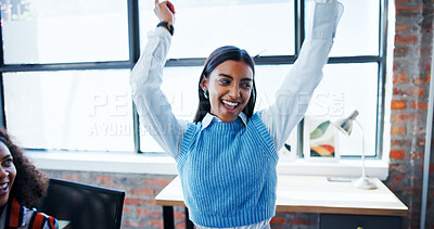 Buy stock photo Dancing, laughing and woman with colleagues, office and celebration for success in marketing agency. Business, people and happiness for promotion in company, employee and excited for achievement