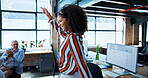 Dancing, employee and woman with colleagues, fun and celebration for success, silly and marketing agency. Business, people and happiness for promotion in company, applause and excited for achievement