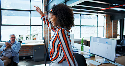 Buy stock photo Dancing, employee and woman with colleagues, fun and celebration for success, silly and marketing agency. Business, people and happiness for promotion in company, applause and excited for achievement