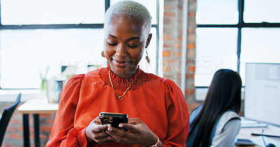 Buy stock photo Creative agency, businesswoman and smile with smartphone for chat, online news and contact in office. Workplace, female person and designer on break with digital, blog application and social media