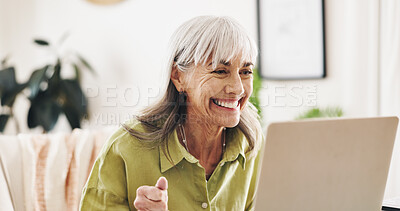 Buy stock photo Excited, reading and laptop with old woman at home for retirement fund savings, pensioner asset and budget. Tax return, planning and loan approval with senior person in apartment for online finance