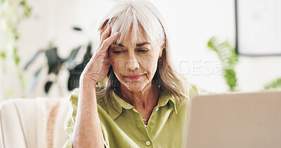 Buy stock photo Worry, stress and laptop with old woman at home for retirement fund savings, life insurance payment and anxiety. Tax audit, bankruptcy and loan interest with senior person in apartment for debt