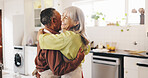Dancing, cooking and senior couple laughing in kitchen for bonding, marriage relationship and romance together. Retirement, love and happy elderly people hug in house for supper, lunch and dinner
