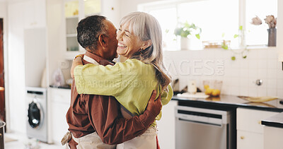Buy stock photo Dancing, cooking and senior couple laughing in kitchen for bonding, marriage relationship and romance together. Retirement, love and happy elderly people hug in house for supper, lunch and dinner