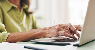 Buy stock photo Hands, typing and laptop with old woman at home for retirement fund savings, pensioner asset and budget. Research, planning and online banking with closeup of senior person for account password