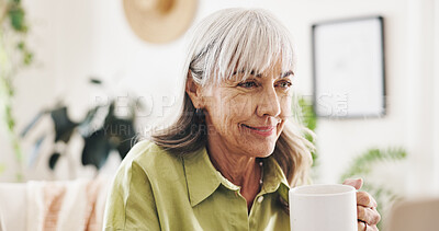 Buy stock photo Thinking, senior woman and coffee at house for morning start, happy memory and past reflection. Elderly female person, beverage and vision for planning, retirement choice and nostalgia of daydreaming