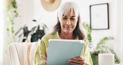 Buy stock photo Smile, research and tablet with old woman at home for retirement fund savings, pensioner asset and budget. Tax return, planning and loan approval with senior person in apartment for online finance