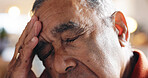 Senior, man and pain of headache in home with brain fog, decision mistake and overwhelmed with pressure. Elderly person, face and tension migraine with vertigo, medical crisis or mental health stress