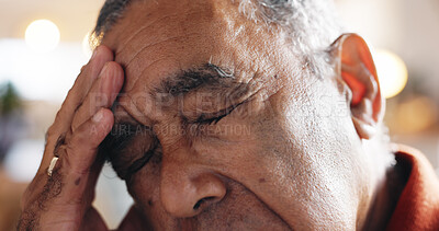 Buy stock photo Senior, man and pain of headache in home with brain fog, decision mistake and overwhelmed with pressure. Elderly person, face and tension migraine with vertigo, medical crisis or mental health stress