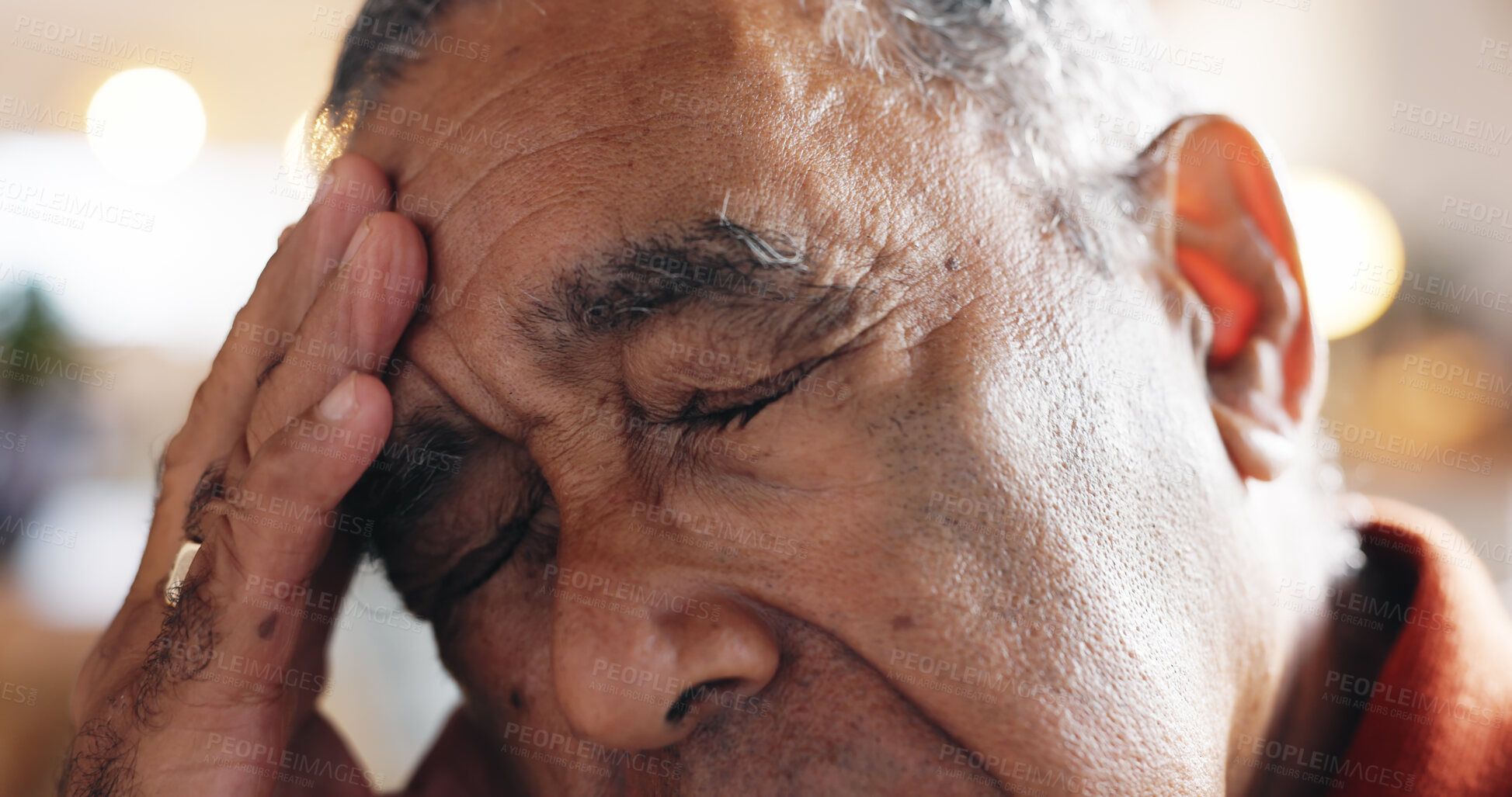 Buy stock photo Senior, man and pain of headache in home with brain fog, decision mistake and overwhelmed with pressure. Elderly person, face and tension migraine with vertigo, medical crisis or mental health stress