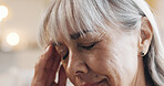 Elderly, woman and stress with headache in home for retirement debt, decision mistake and pressure. Old person, face and tension migraine with overthinking, overwhelmed and mental health with anxiety