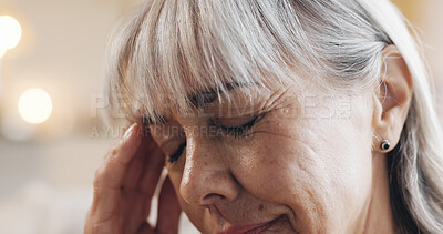 Buy stock photo Elderly, woman and stress with headache in home for retirement debt, decision mistake and pressure. Old person, face and tension migraine with overthinking, overwhelmed and mental health with anxiety