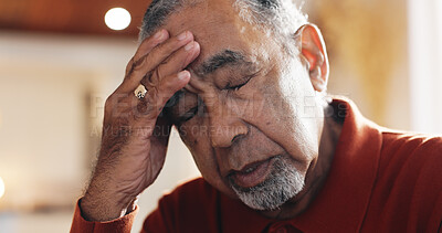 Buy stock photo Senior, man and headache of stress in home with brain fog, vertigo and overwhelmed with mistake. Elderly person, face and migraine in retirement for medical crisis, regret decision and mental health