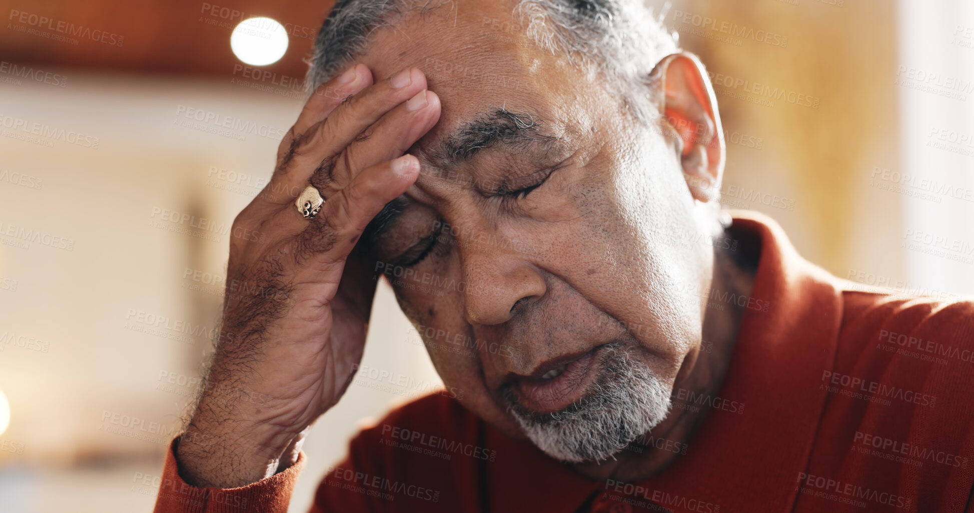 Buy stock photo Senior, man and headache of stress in home with brain fog, vertigo and overwhelmed with mistake. Elderly person, face and migraine in retirement for medical crisis, regret decision and mental health