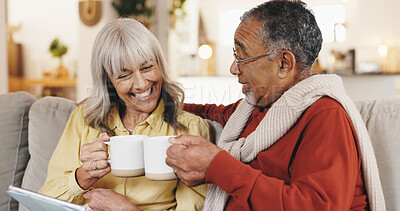 Buy stock photo Senior couple, toast and coffee on sofa with smile, tablet and relax with movie, love and connection in home. Elderly people, man and woman with celebration, cheers and app on touchscreen in lounge