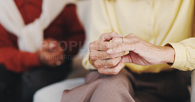 Buy stock photo Elderly couple, ring or hands in home for doubt, regret or conflict in marriage with risk. Senior woman, wedding band or fidget with anxiety for divorce, fight or strain in relationship with husband