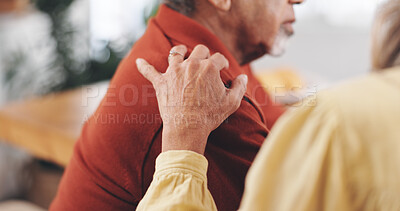 Buy stock photo Home, old couple and hand on shoulder for support, empathy or reassurance to partner with grief. Closeup, senior man or elderly woman with sympathy for loss, compassion or kindness with love in house