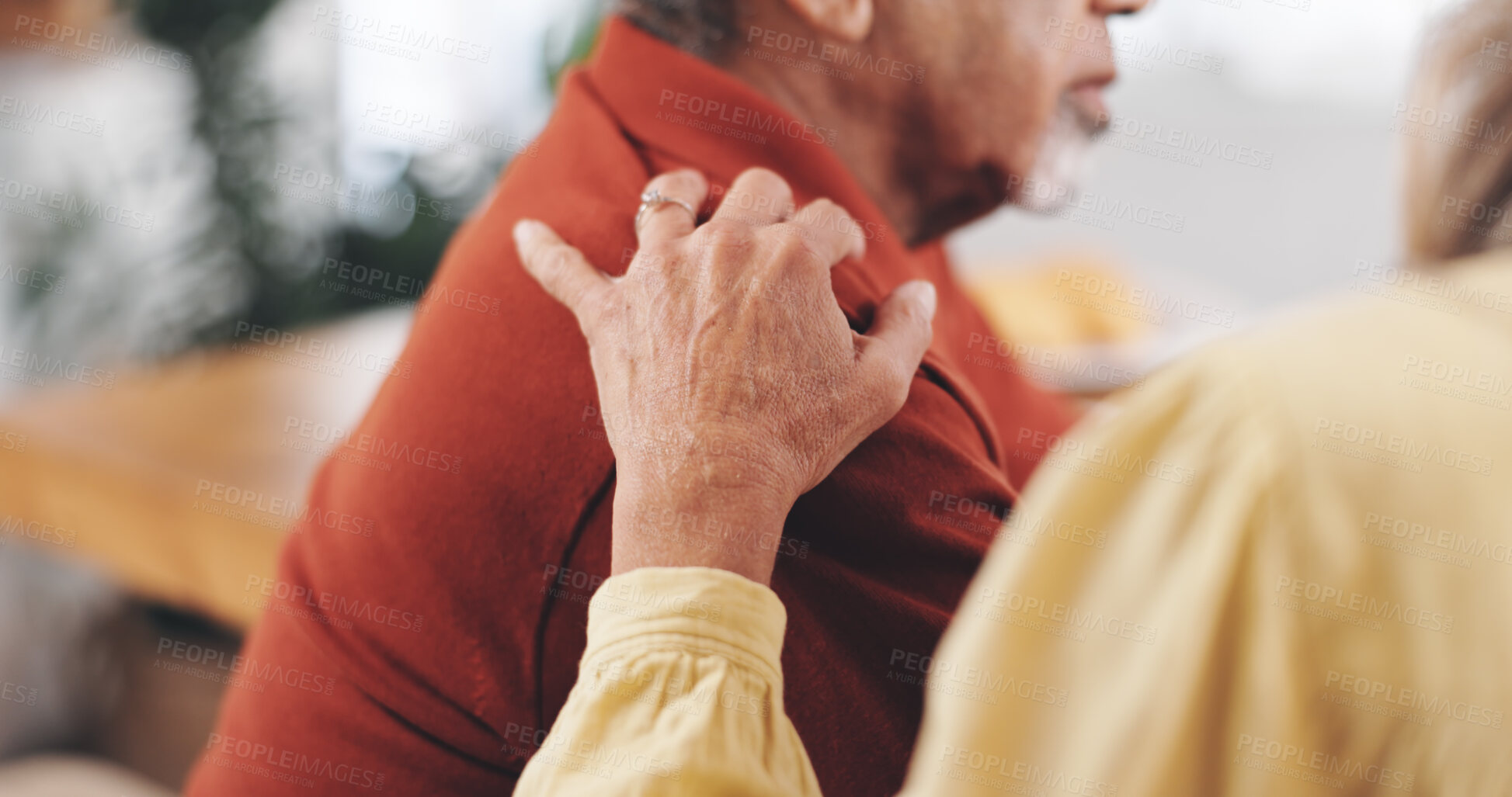 Buy stock photo Home, old couple and hand on shoulder for support, empathy or reassurance to partner with grief. Closeup, senior man or elderly woman with sympathy for loss, compassion or kindness with love in house