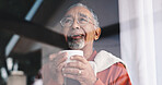 Coffee, thinking and window with senior man in retirement home for memories or nostalgia. Smile, weekend and wellness with happy mature person drinking caffeine beverage in apartment to relax