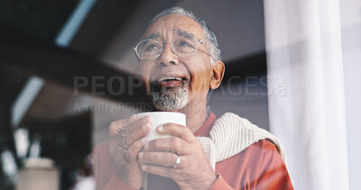 Buy stock photo Coffee, thinking and window with senior man in retirement home for memories or nostalgia. Smile, weekend and wellness with happy mature person drinking caffeine beverage in apartment to relax