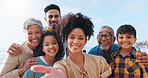 Smile, family and portrait for selfie on beach for photography, vacation memory and social media post. Happy, people and travel with kids of profile picture update, ocean getaway and bonding together