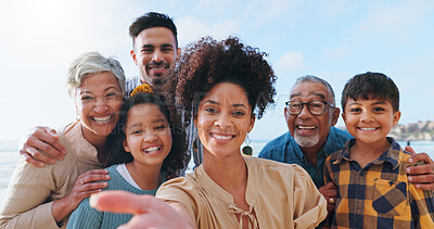 Buy stock photo Smile, family and portrait for selfie on beach for photography, vacation memory and social media post. Happy, people and travel with kids of profile picture update, ocean getaway and bonding together