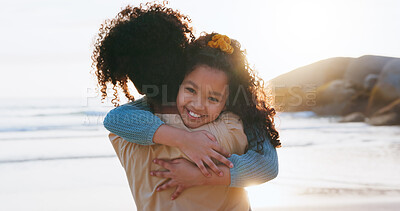 Buy stock photo Back, hug and mother with girl, beach and bonding together with vacation, explore and journey. Parent, family and mama with daughter, ocean and summer holiday with tropical island, embrace and travel
