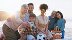 Smile, big family and phone for selfie on beach for photography, vacation memory and social media post. Happy, people and kids with mobile for profile picture update, ocean getaway and bonding at sea