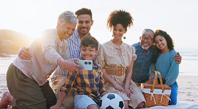 Buy stock photo Smile, big family and phone for selfie on beach for photography, vacation memory and social media post. Happy, people and kids with mobile for profile picture update, ocean getaway and bonding at sea