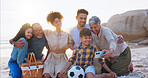 Big family, children and selfie with smile at beach for love, pride or care at sunset in summer. Grandparents, men and women with kids, happy and photography with hug, vacation and ocean in Mexico