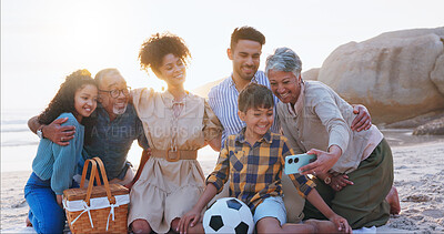 Buy stock photo Big family, children and selfie with smile at beach for love, pride or care at sunset in summer. Grandparents, men and women with kids, happy and photography with hug, vacation and ocean in Mexico