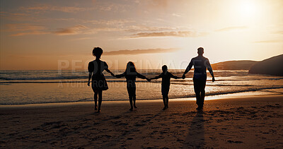 Buy stock photo Parents, sunset and holding hands with kids on beach for summer holiday, travel and bonding together. Family, children and journey for ocean getaway, tropical vacation and adventure for weekend trip