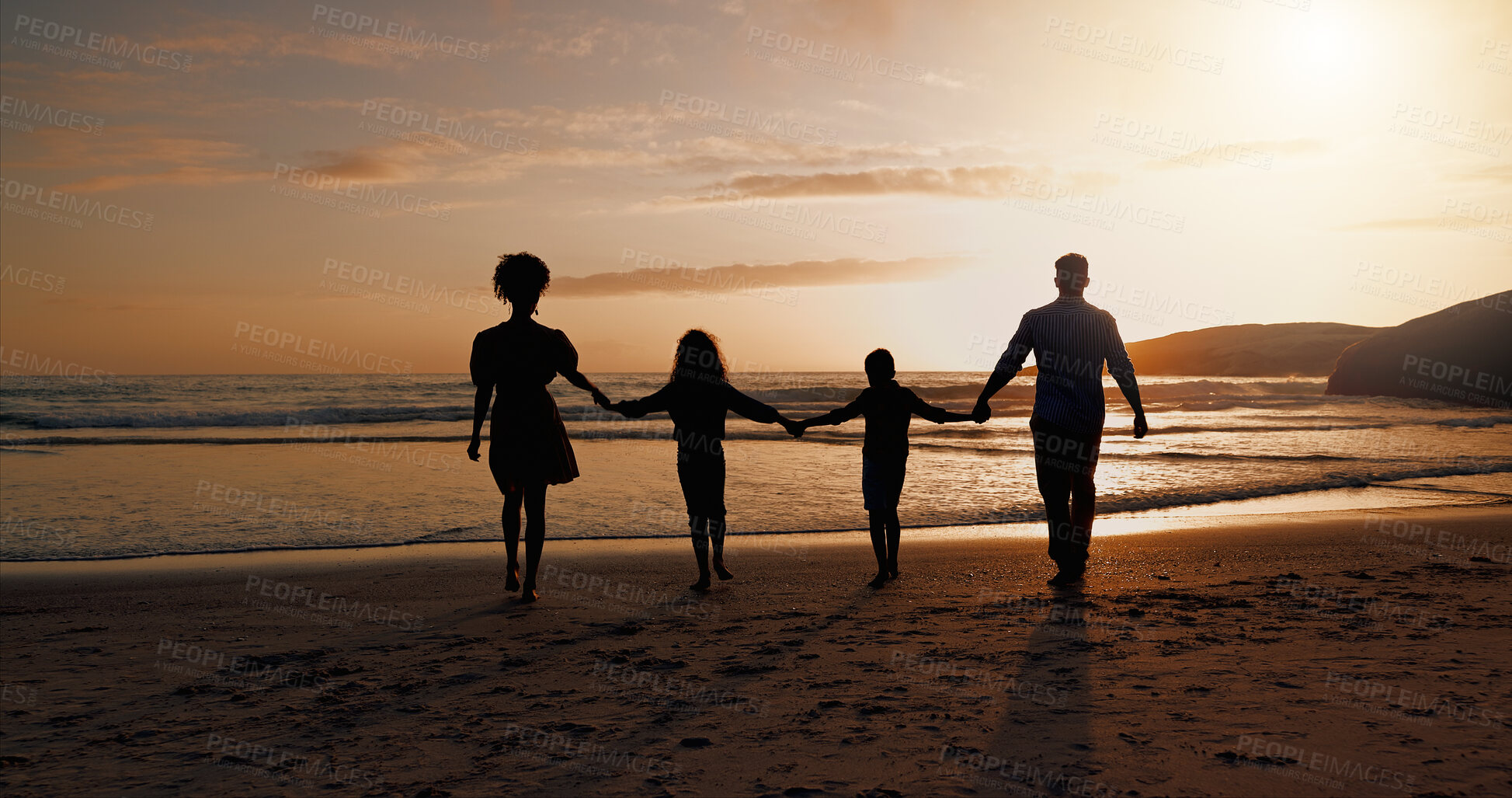 Buy stock photo Parents, sunset and holding hands with kids on beach for summer holiday, travel and bonding together. Family, children and journey for ocean getaway, tropical vacation and adventure for weekend trip