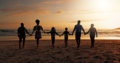Buy stock photo Big family, sunset and holding hands with kids on beach of summer holiday, travel and bonding together. Space, back and view of people for ocean journey of getaway, tropical vacation and relationship