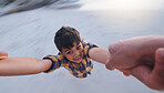 Boy, pov and parent with swing at beach with smile, excited and holding hands for bonding on vacation. Child, spin and happy with games, care and playful with love by ocean on holiday in Mexico