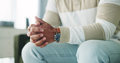 Buy stock photo Hands, waiting or man with mistake, anxiety or stress for debt crisis, unemployment or burnout in home. Nervous, personal loan or jobless person with depression, psychological disorder and closeup