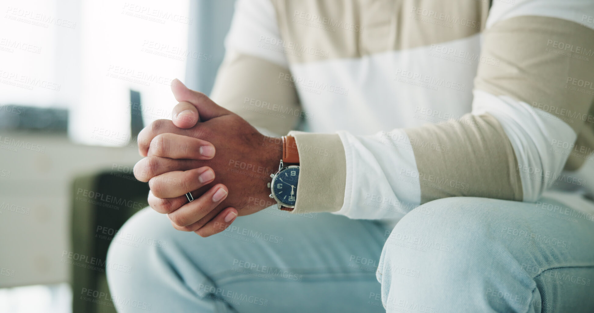 Buy stock photo Hands, waiting or man with mistake, anxiety or stress for debt crisis, unemployment or burnout in home. Nervous, personal loan or jobless person with depression, psychological disorder and closeup