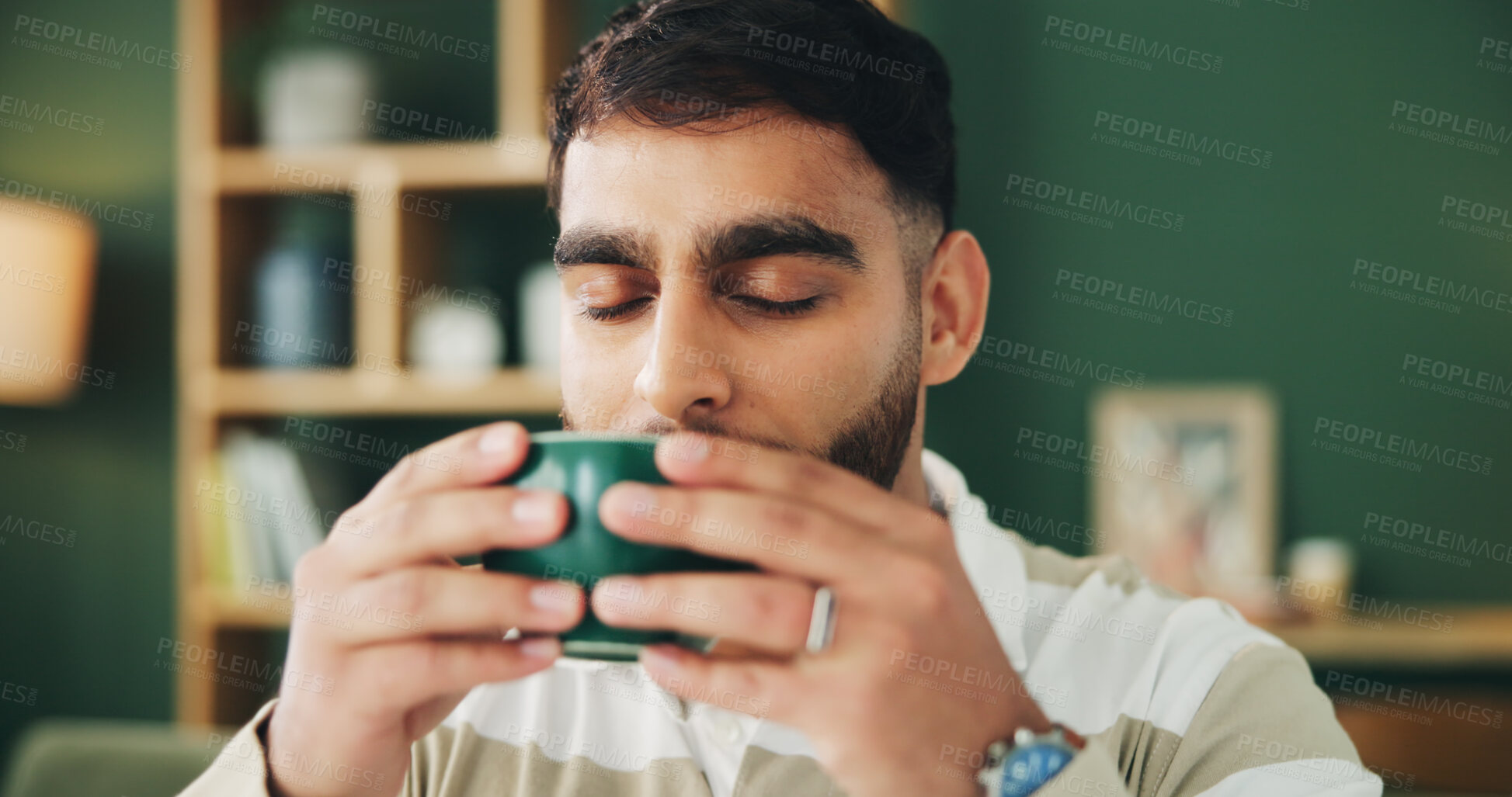 Buy stock photo Home, sofa and man with coffee for smell, warm beverage and espresso in living room on weekend. House, male person and relax with aroma for matcha drink, tea cup and comfortable on couch in lounge