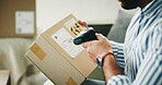 Hands, small business and man with package, scanner and machine for quality control. Closeup, entrepreneur and employee in workplace, boxes and supply chain with inventory management and ecommerce