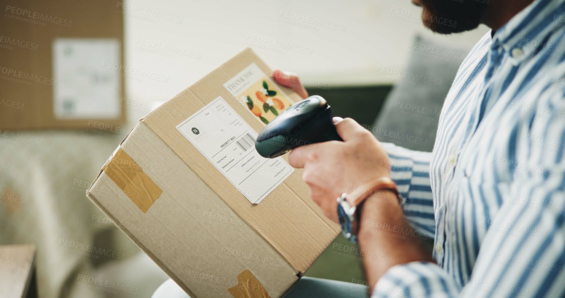 Buy stock photo Hands, small business and man with package, scanner and machine for quality control. Closeup, entrepreneur and employee in workplace, boxes and supply chain with inventory management and ecommerce